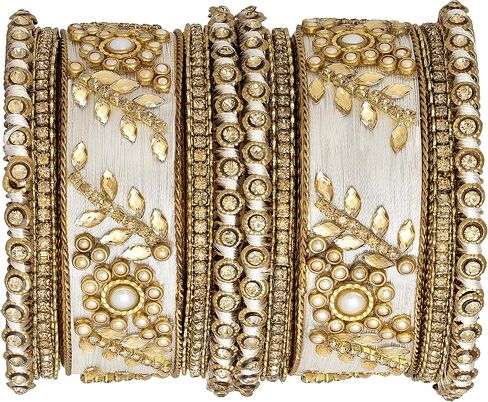 Aheli Traditional Wedding Designer Silk Thread Faux Stone Studded Bridal Bangle Set Chuda Indian Ethnic Bollywood Fashion Jewelry for Women (White 2.8 Inch) in Kuwait