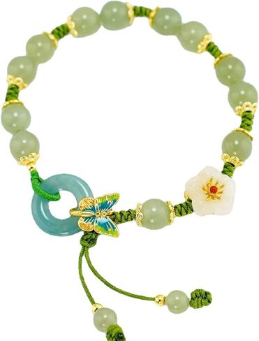 سوار من حجر اليشم الطبيعي للنساء من نيكيبوك، سوار من حجر اليشم الزمردي الطبيعي قابل للتعديل مصنوع يدويا بلون الخوخ والاخضر، هدية مجوهرات لاكي بدون احجار كريمة, بدون أحجار كريمة in Kuwait