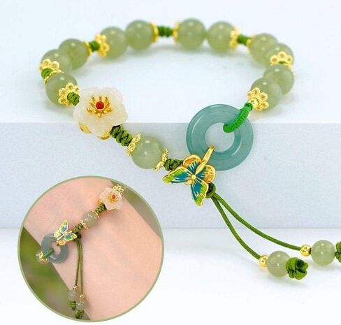 سوار من حجر اليشم الطبيعي للنساء من نيكيبوك، سوار من حجر اليشم الزمردي الطبيعي قابل للتعديل مصنوع يدويا بلون الخوخ والاخضر، هدية مجوهرات لاكي بدون احجار كريمة, بدون أحجار كريمة in Kuwait