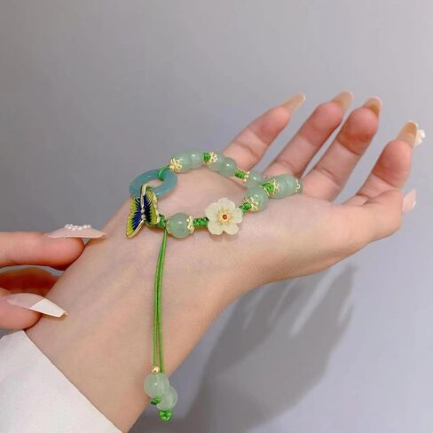 سوار من حجر اليشم الطبيعي للنساء من نيكيبوك، سوار من حجر اليشم الزمردي الطبيعي قابل للتعديل مصنوع يدويا بلون الخوخ والاخضر، هدية مجوهرات لاكي بدون احجار كريمة, بدون أحجار كريمة in Kuwait