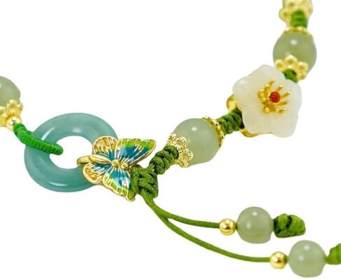 سوار من حجر اليشم الطبيعي للنساء من نيكيبوك، سوار من حجر اليشم الزمردي الطبيعي قابل للتعديل مصنوع يدويا بلون الخوخ والاخضر، هدية مجوهرات لاكي بدون احجار كريمة, بدون أحجار كريمة in Kuwait