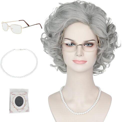 Yan Dream Grey Old Lady Wig Short Curly Grandma Wig Cosplay Costume Halloween Wig with Granny Glasses Pearl Necklace in Kuwait