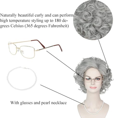 Yan Dream Grey Old Lady Wig Short Curly Grandma Wig Cosplay Costume Halloween Wig with Granny Glasses Pearl Necklace in Kuwait