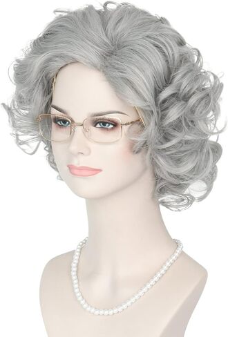 Yan Dream Grey Old Lady Wig Short Curly Grandma Wig Cosplay Costume Halloween Wig with Granny Glasses Pearl Necklace in Kuwait