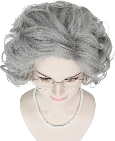 Yan Dream Grey Old Lady Wig Short Curly Grandma Wig Cosplay Costume Halloween Wig with Granny Glasses Pearl Necklace in Kuwait