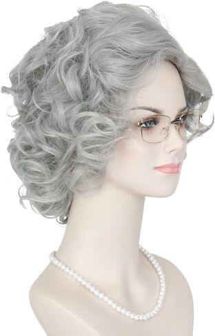 Yan Dream Grey Old Lady Wig Short Curly Grandma Wig Cosplay Costume Halloween Wig with Granny Glasses Pearl Necklace in Kuwait