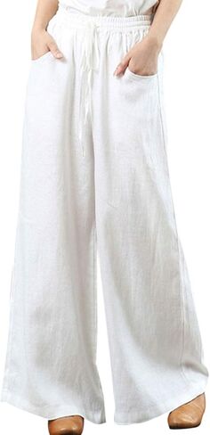 IXIMO Women's Cotton Linen Wide Leg Pants Casual Drawstring Lounge Palazzo Loose Trousers in Kuwait