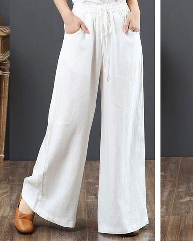 IXIMO Women's Cotton Linen Wide Leg Pants Casual Drawstring Lounge Palazzo Loose Trousers in Kuwait