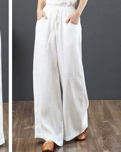 IXIMO Women's Cotton Linen Wide Leg Pants Casual Drawstring Lounge Palazzo Loose Trousers in Kuwait