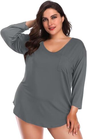 BELAROI Womens Plus Size Tunic Tops 3/4 Sleeve V Neck T Shirts Basic Tee Loose Blouses with Pocket in Kuwait