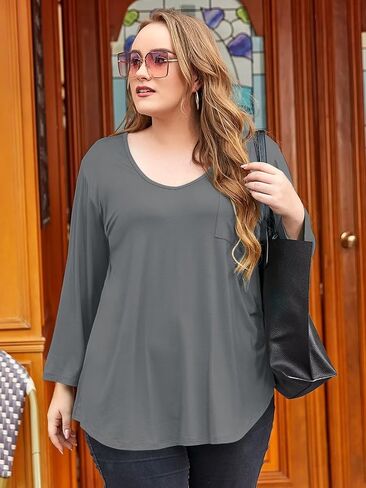 BELAROI Womens Plus Size Tunic Tops 3/4 Sleeve V Neck T Shirts Basic Tee Loose Blouses with Pocket in Kuwait