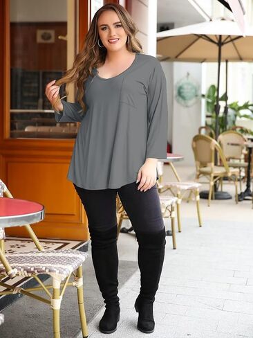 BELAROI Womens Plus Size Tunic Tops 3/4 Sleeve V Neck T Shirts Basic Tee Loose Blouses with Pocket in Kuwait