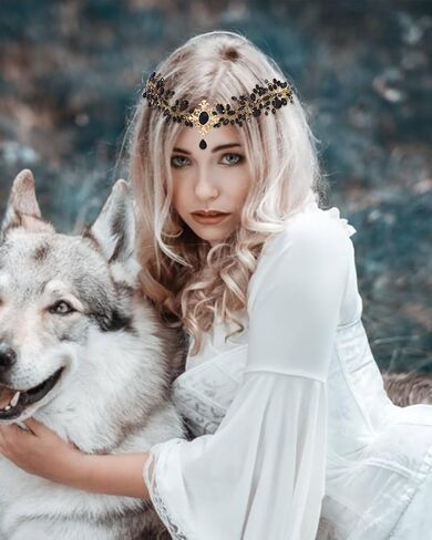 Campsis الجنية تاج أسود حجر الراين قزم الغابات خوذة كريستال Elven Tiara V-شكل الشعر الملحقات هالوين تأثيري حلي أغطية الرأس للنساء والفتيات in Saudi Arabia