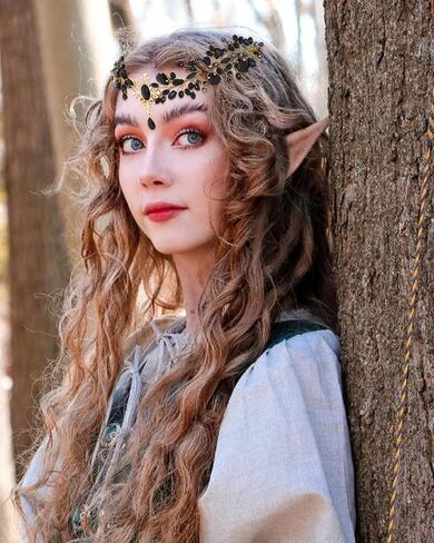 Campsis الجنية تاج أسود حجر الراين قزم الغابات خوذة كريستال Elven Tiara V-شكل الشعر الملحقات هالوين تأثيري حلي أغطية الرأس للنساء والفتيات in Saudi Arabia