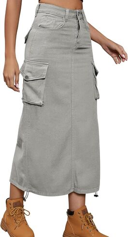 Women Denim Cargo Long Skirts High Waisted Pencil Skirt Midi Length Jean Skirt with Cargo Pockets in Saudi Arabia