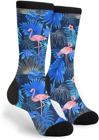 Tropical Pink Flamingo Leaves Black Stripe Fun Colorful Novelty Graphic Crew Tube Socks For Men Women in Kuwait