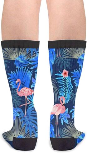 Tropical Pink Flamingo Leaves Black Stripe Fun Colorful Novelty Graphic Crew Tube Socks For Men Women in Kuwait