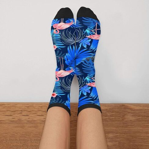 Tropical Pink Flamingo Leaves Black Stripe Fun Colorful Novelty Graphic Crew Tube Socks For Men Women in Kuwait