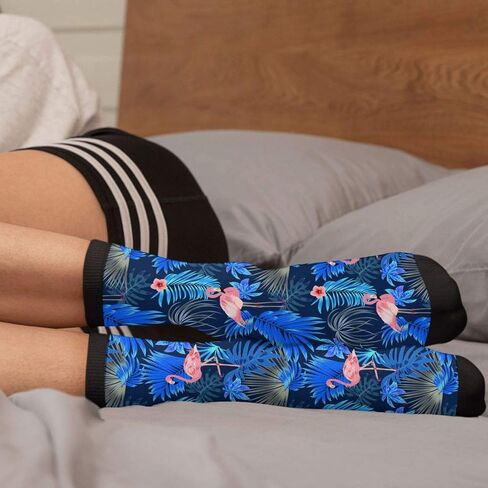 Tropical Pink Flamingo Leaves Black Stripe Fun Colorful Novelty Graphic Crew Tube Socks For Men Women in Kuwait