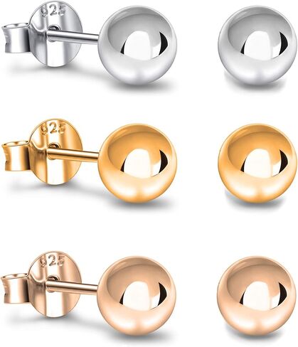 Savlano 3 Pair Tri-Color 925 Sterling Silver 18K Gold Plated Ball Stud Earrings 2mm - 14mm For Women, Girls & Men in Kuwait