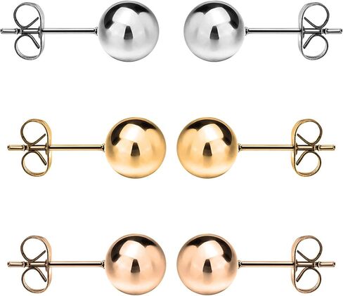 Savlano 3 Pair Tri-Color 925 Sterling Silver 18K Gold Plated Ball Stud Earrings 2mm - 14mm For Women, Girls & Men in Kuwait