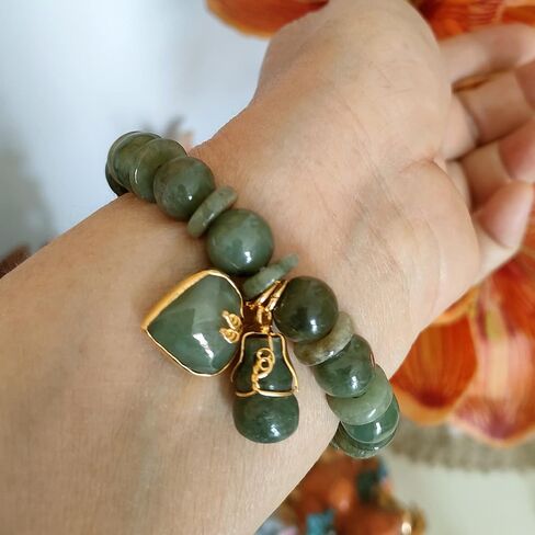 12 مم. سوار حقيقي دائري حجر اليشم الأخضر الطبيعي للنساء سحر مع قلادة الحب القلب والقرع المحظوظ قلادة قوية التايلاندية نجاح في الحياة التجارة in Kuwait