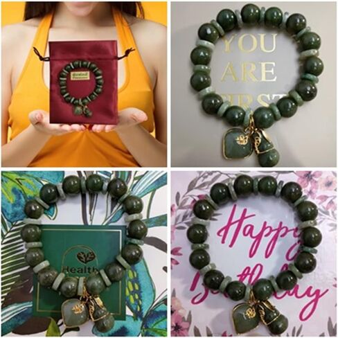 12 مم. سوار حقيقي دائري حجر اليشم الأخضر الطبيعي للنساء سحر مع قلادة الحب القلب والقرع المحظوظ قلادة قوية التايلاندية نجاح في الحياة التجارة in Kuwait