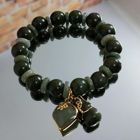 12 مم. سوار حقيقي دائري حجر اليشم الأخضر الطبيعي للنساء سحر مع قلادة الحب القلب والقرع المحظوظ قلادة قوية التايلاندية نجاح في الحياة التجارة in Kuwait