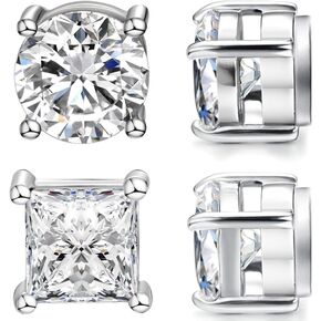 Svovin 2-8 Pairs Stud Stainless Steel Earrings For Men Women Non-piercing Round Princess Cut Clear Cubic Earrings CZ 5-8MM