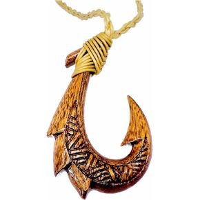 Hawaiian Jewelry Koa Wood Hand Carved Fish Hook Necklace from Maui, Hawaii