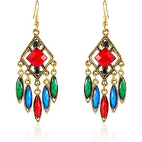ONLYJUMP Long Retro Tassel Waterdrop Earrings for Women Girls Fashion Bohemian Boho Hollow with Stone Vintage Statement Black Big Hanging Ethnic Dangle Earrings