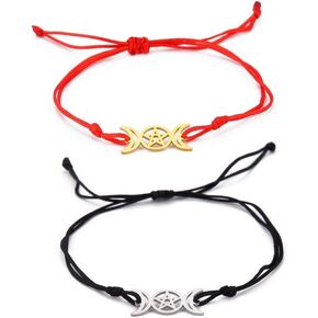 Fuqimanman2020 1 Pair Witches Knot Charm Bracelets Set Stainless Steel Celtic Knot Wiccan Symbol Pagan Triple Goddess Braided Adjustable String Rope for Women Men Couple Geometric Witchcraft Jewelry