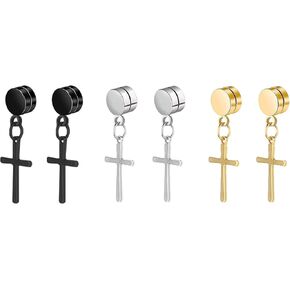 NEWITIN 3 Pairs Magnetic Stud Earrings for Men Stainless Steel Magnetic Earrings Men Clip on Earrings Non Piercing Hoop Dangle Cross Earrings for Men Women