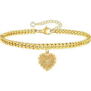 Gold Initial Charm Bracelets Heart Bracelet for Women, 14K Gold Plated Cuban Link Bracelet 26 Letter Bracelets for Women Teen Girls Dainty Charm Bracelets Gold Jewelry Gifts for Women Girls