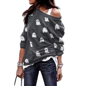 Womens Halloween Shirt Long Sleeve Pumpkin Ghost Bat Print Party Off Shoulder Top