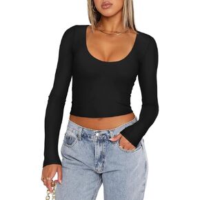 REORIA Women's Casual Scoop Neck Double Lined Long Sleeve Slim Fitted Tshirts Y2K Workout Crop Tops in Saudi Arabia