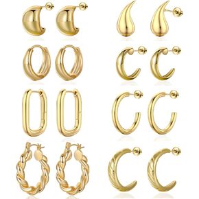 مجموعة اقراط حلقية ذهبية مكتنزة للنساء من فيوس، اقراط حلقية مطلية بالذهب عيار 14 قيراط، اقراط حلقية ملتوية مضادة للحساسية، اقراط خفيفة الوزن مطلية بالذهب عيار 14 قيراط، 8 ازواج, مطلي بالذهب عيار 14 in Kuwait