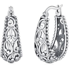Filigree Earrings for Women 925 Sterling Silver Vintage Earrings Filigree Oval Hoop Earrings Classic Western Earrings Click-Top Hoops Earrings Retro Filigree Jewelry Gift (A-Filigree)