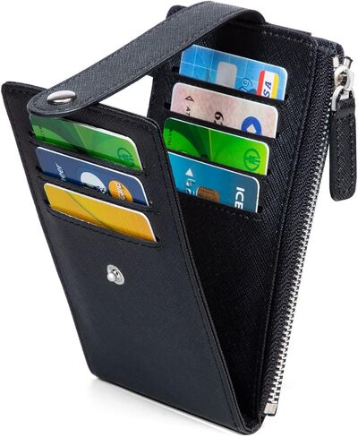 Credit Card Holder for Women RFID Small Wallet Women Slim - Multi Zipper Card Case with Keychain Carbon Fiber Black in Kuwait