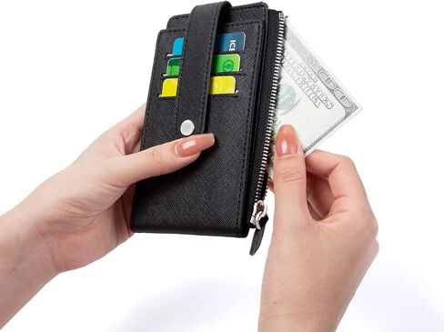 Credit Card Holder for Women RFID Small Wallet Women Slim - Multi Zipper Card Case with Keychain Carbon Fiber Black in Kuwait