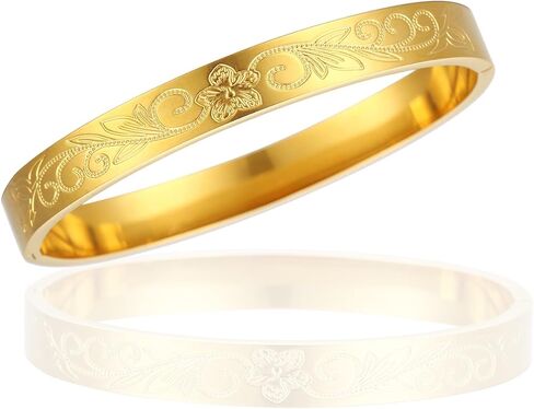 فوكاستيل سوار حلقي للنساء من الستانلس ستيل مع زهرة الحياة المنقوشة، سوار ذهبي من الستانلس ستيل، بدون احجار كريمة in Kuwait