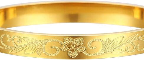 فوكاستيل سوار حلقي للنساء من الستانلس ستيل مع زهرة الحياة المنقوشة، سوار ذهبي من الستانلس ستيل، بدون احجار كريمة in Kuwait