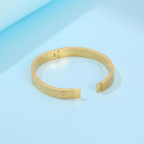 فوكاستيل سوار حلقي للنساء من الستانلس ستيل مع زهرة الحياة المنقوشة، سوار ذهبي من الستانلس ستيل، بدون احجار كريمة in Kuwait