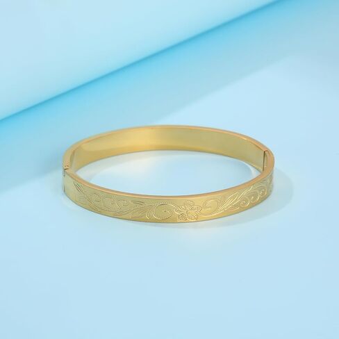 فوكاستيل سوار حلقي للنساء من الستانلس ستيل مع زهرة الحياة المنقوشة، سوار ذهبي من الستانلس ستيل، بدون احجار كريمة in Kuwait