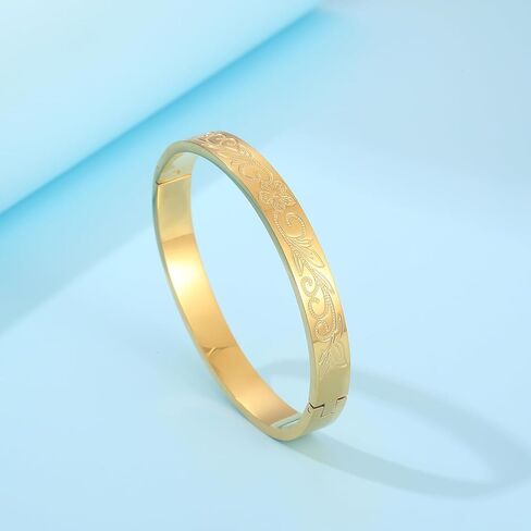 فوكاستيل سوار حلقي للنساء من الستانلس ستيل مع زهرة الحياة المنقوشة، سوار ذهبي من الستانلس ستيل، بدون احجار كريمة in Kuwait