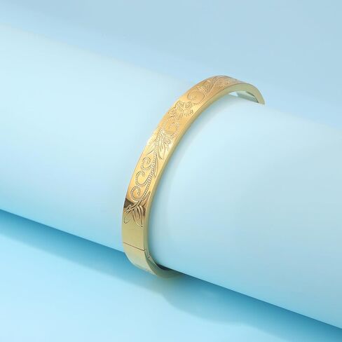 فوكاستيل سوار حلقي للنساء من الستانلس ستيل مع زهرة الحياة المنقوشة، سوار ذهبي من الستانلس ستيل، بدون احجار كريمة in Kuwait