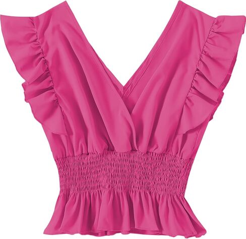 LYANER Women's V Neck Ruffle Cap Sleeve Shirred Blouse Sexy Crop Tank Top in Kuwait
