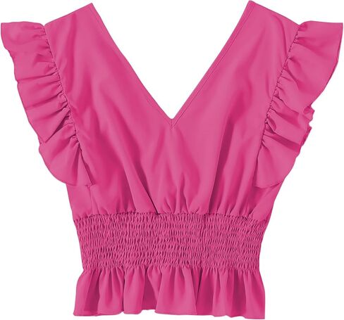 LYANER Women's V Neck Ruffle Cap Sleeve Shirred Blouse Sexy Crop Tank Top in Kuwait