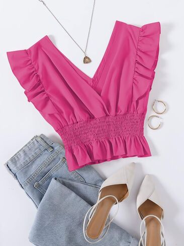 LYANER Women's V Neck Ruffle Cap Sleeve Shirred Blouse Sexy Crop Tank Top in Kuwait
