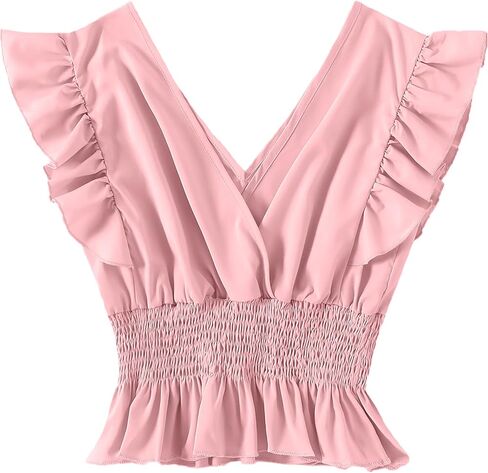 LYANER Women's V Neck Ruffle Cap Sleeve Shirred Blouse Sexy Crop Tank Top in Saudi Arabia